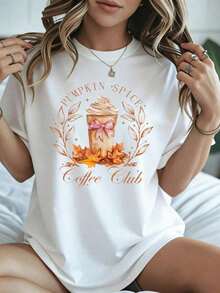 Elegant And Casual Women's Short-Sleeved Pumpkin Spice Coffee Club T-Shirt, Featuring A Drink And Autumn Leaf Print, White Casual Wear For Women, Perfect For Autumn And Winter. - 白色 - 查看 8