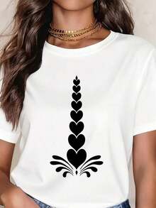 Nuevas llegadas para el verano. Camiseta con estampado de corazones para mujer, top casual de manga corta, camiseta de moda, cuello redondo blanco, atuendo de verano para mujer. Blusa, camisa > Hermosa. - Blanco - Ver 1