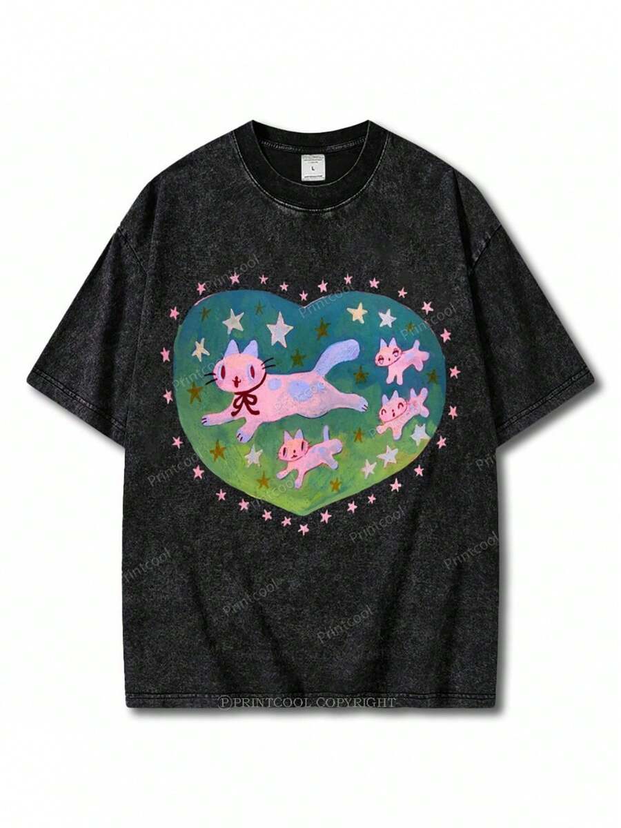 1 pieza de camiseta de algodón lavado, con estampado de gato en forma de corazón, camiseta de marca de moda vintage de algodón batik de alta calidad, camiseta para mujer, popular para uso diario, regalo de vacaciones, regalo perfecto, 180g 100% algodón. - Negro - Ver 1
