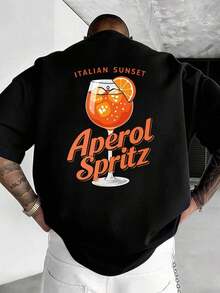 Men's Summer Fashion T-Shirt, Double-Sided "Italian Sunset Aperol Spritz" Print T-Shirt, High-Quality 100% Pure Cotton Short-Sleeve T-Shirt, Unisex Italian Retro Style Holiday T-Shirt, Soft And Breathable, Suitable For Casual Daily Outdoor Wear, Holiday Gifts, Best Gift For Your Boyfriend, Gift For Men. - 黑色 - 查看 4