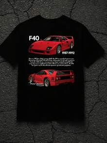 F40 T-Shirt With Black Car Design, Unisex, Retro Style, Crew Neck, Casual Wear For Men And Women, Premium Print For All Seasons, Collectible Gift For Car Lovers, Ideal Present - 黑色 - 查看 1
