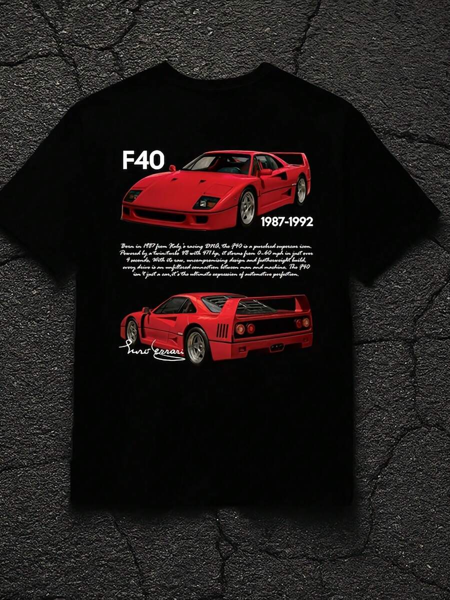 F40 T-Shirt With Black Car Design, Unisex, Retro Style, Crew Neck, Casual Wear For Men And Women, Premium Print For All Seasons, Collectible Gift For Car Lovers, Ideal Present - 黑色 - 查看 1