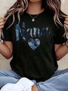 Oferta por tiempo limitado, cantidad limitada disponible,  relámpago, camisas de mujer, camisetas de mujer Camiseta de verano 2026 con diseño de corazón y patchwork "Nana" para regalo de abuela, regalo de cumpleaños para el Día de la Madre, ropa casual para mujer, mangas cortas holgadas. - Negro - Ver 1