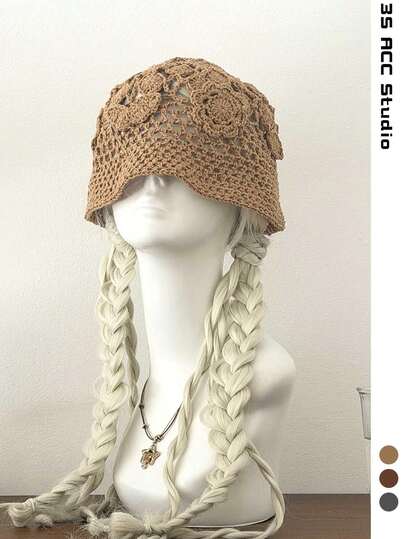 Handmade Crochet Hollow Relaxed Fit Contrast Color Bucket Hat, Artsy Small Head Size Cap For Women