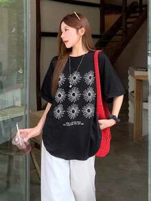 Camiseta de manga corta holgada con cuello redondo y estampado para mujer, estilo casual de verano - Estilo vintage urbano, unisex, de algodón, con cuello redondo y manga corta. Blusas para mujer. blusas.blusas casuales para dama. - Negro - Ver 3