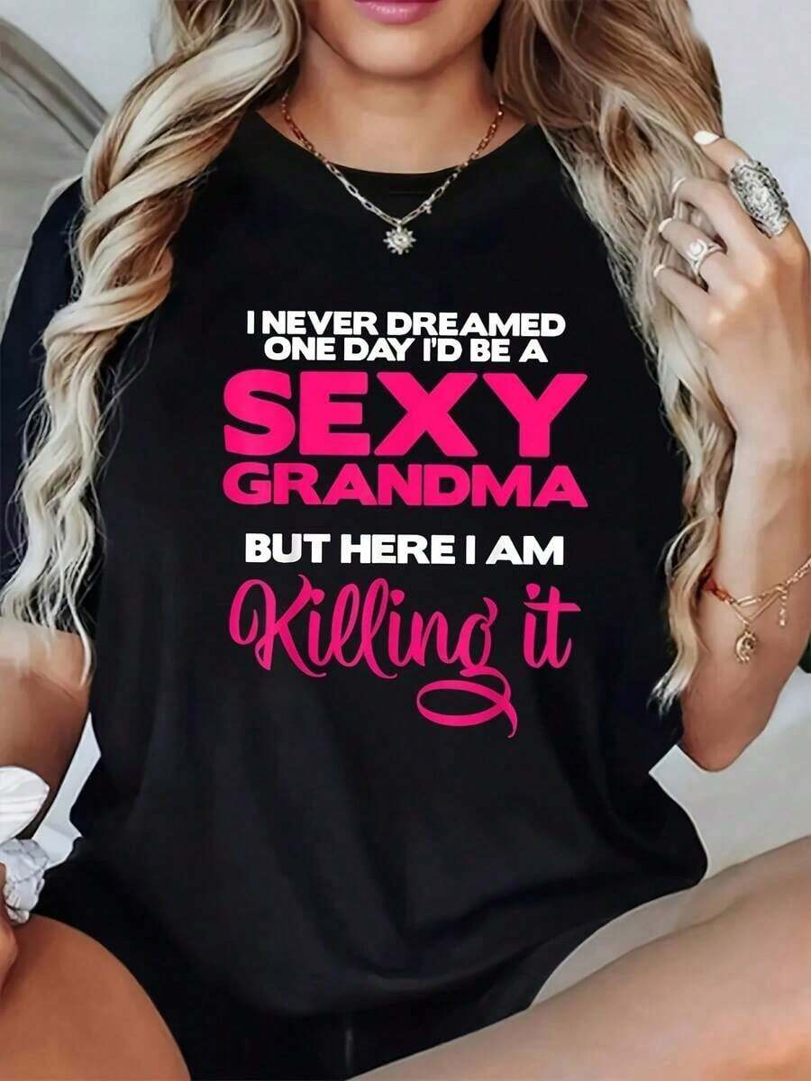 Camiseta Casual de Cuello Redondo para Mujer con Estampado de Letras "SEXY" en Rosa Intenso - Manga Corta, Corte Regular, Diseño de Bloques de Color, Comodidad para Todas las Temporadas, Camisetas para Damas - Negro - Ver 1