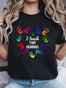 ModaModaI Teach Tiny Humans - Camiseta Estampada para Maestras de Preescolar de Tiny Humans, Camiseta Casual de Cuello Redondo y Manga Corta, Cómoda para Primavera y Verano, Ropa de Mujer - Negro - Ver 1