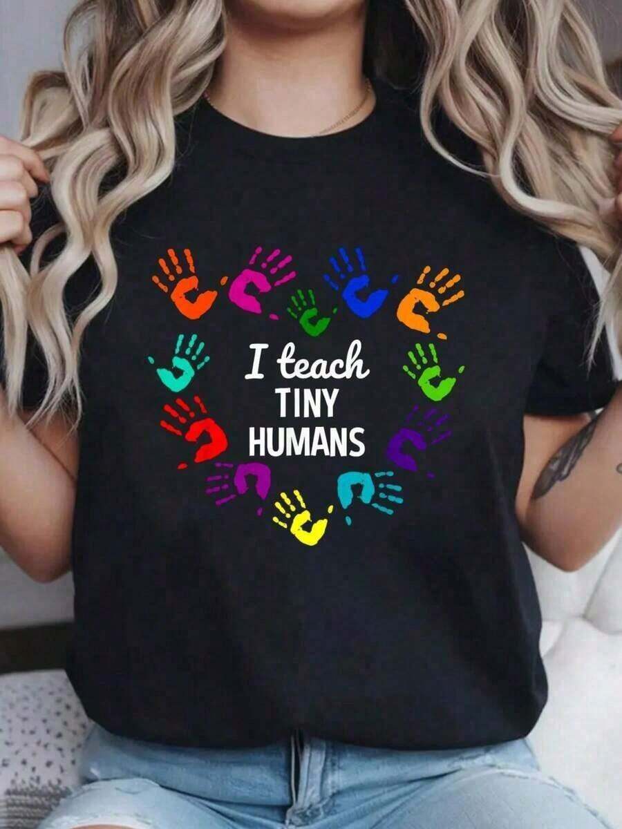 ModaModaI Teach Tiny Humans - Camiseta Estampada para Maestras de Preescolar de Tiny Humans, Camiseta Casual de Cuello Redondo y Manga Corta, Cómoda para Primavera y Verano, Ropa de Mujer - Negro - Ver 1