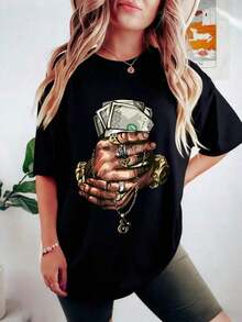Camiseta de algodón de gran tamaño para mujer con estampado de puño, manga corta, estilo casual de verano - Negro - Ver 7