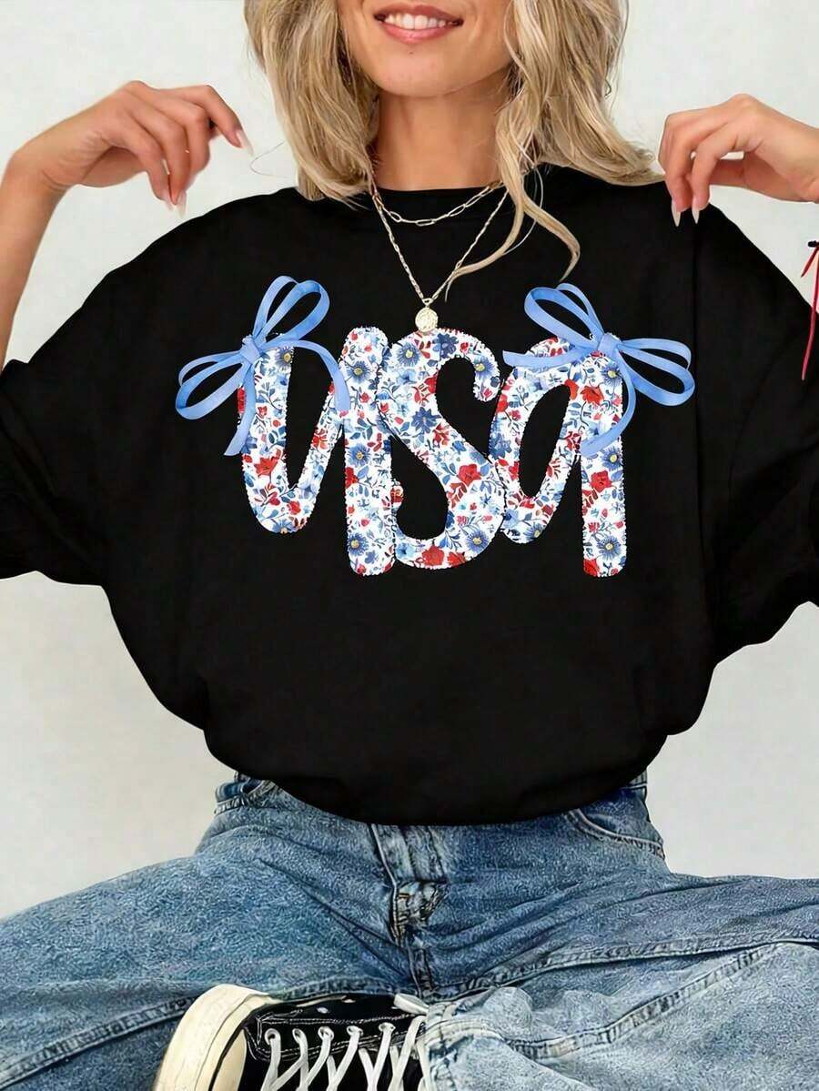 Camiseta de Mujer con Estampado Patriótico de Bandera de EE. UU. y Lazo Floral - Diseño para el 4 de Julio, Día de la Independencia, Talla Grande, Ligera, Transpirable, Cuello Redondo, Manga Corta, Estilo Casual, Lavable a Máquina, Atuendo Festivo, Material Suave, Camiseta Estampada, para Amantes de los Festivales - Negro - Ver 1