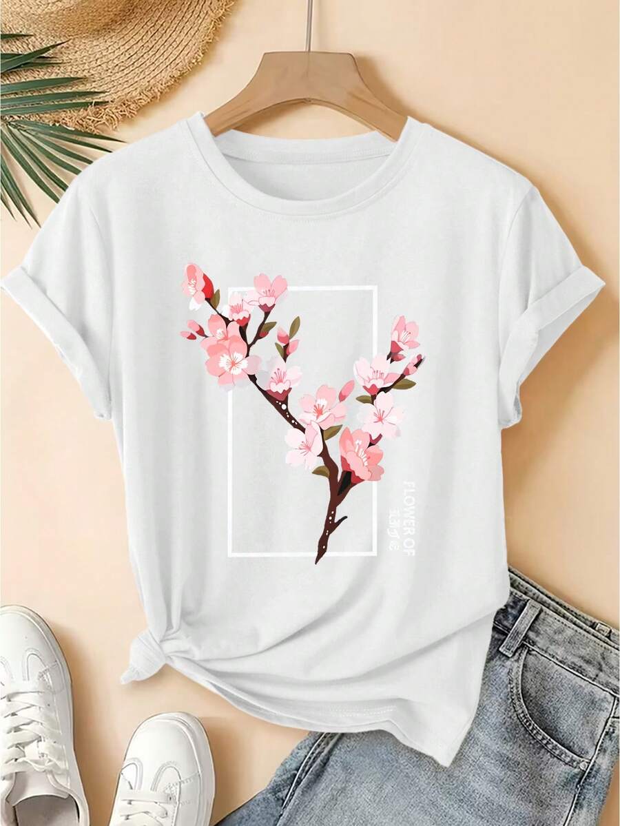 Camiseta de manga corta con estampado de flor de la vida y sakura, cuello redondo vintage, estilo bosque fresco, corte holgado, primavera-verano 2026, elegante, versátil, para fiestas y uso diario, ropa de mujer. - Blanco - Ver 1
