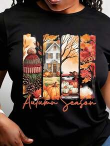 Camiseta de Otoño, Camiseta para la Temporada de Otoño, Camiseta Acogedora de Otoño, Linda Camiseta de Otoño, Regalo Acogedor para la Temporada, Camiseta de Cuello Redondo para Mujer de Otoño - Negro - Ver 6