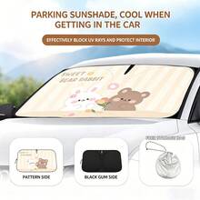 1pc (Multiple Patterns Available) Cartoon Tulip, Bear, Rabbit Car Sun Shade, Icy Feeling, Heat Insulation, Sun Protection, 4-Season Sunshade, Foldable Double-Ring Sunshade, Comes With Storage Bag, Front Windshield Sunshade - A - View 4