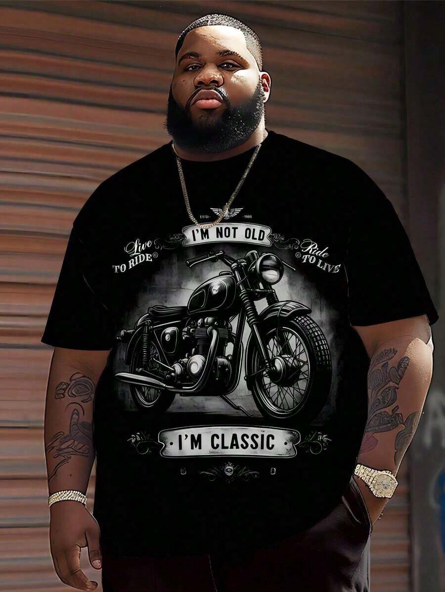 Men's Short-Sleeved Crew Neck T-Shirt With Vintage Motorcycle Graphic And "I'M NOT OLD, I'M CLASSIC" Print, Unique Design Polyester Knit Casual T-Shirt - 黑色 - 查看 1