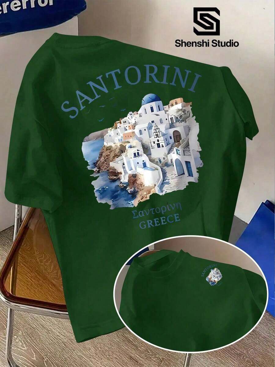 Camiseta casual para hombre hecha de fibra de poliéster, ¡esta camiseta viene con un "filtro de viaje" incorporado!Con un estampado arquitectónico en azul Santorini y blanco, es refrescante y relajante, adecuada para el uso diario y de fin de semana, ofreciendo un estilo moderno para hombres en verano.100% algodón. - Verde - Ver 1