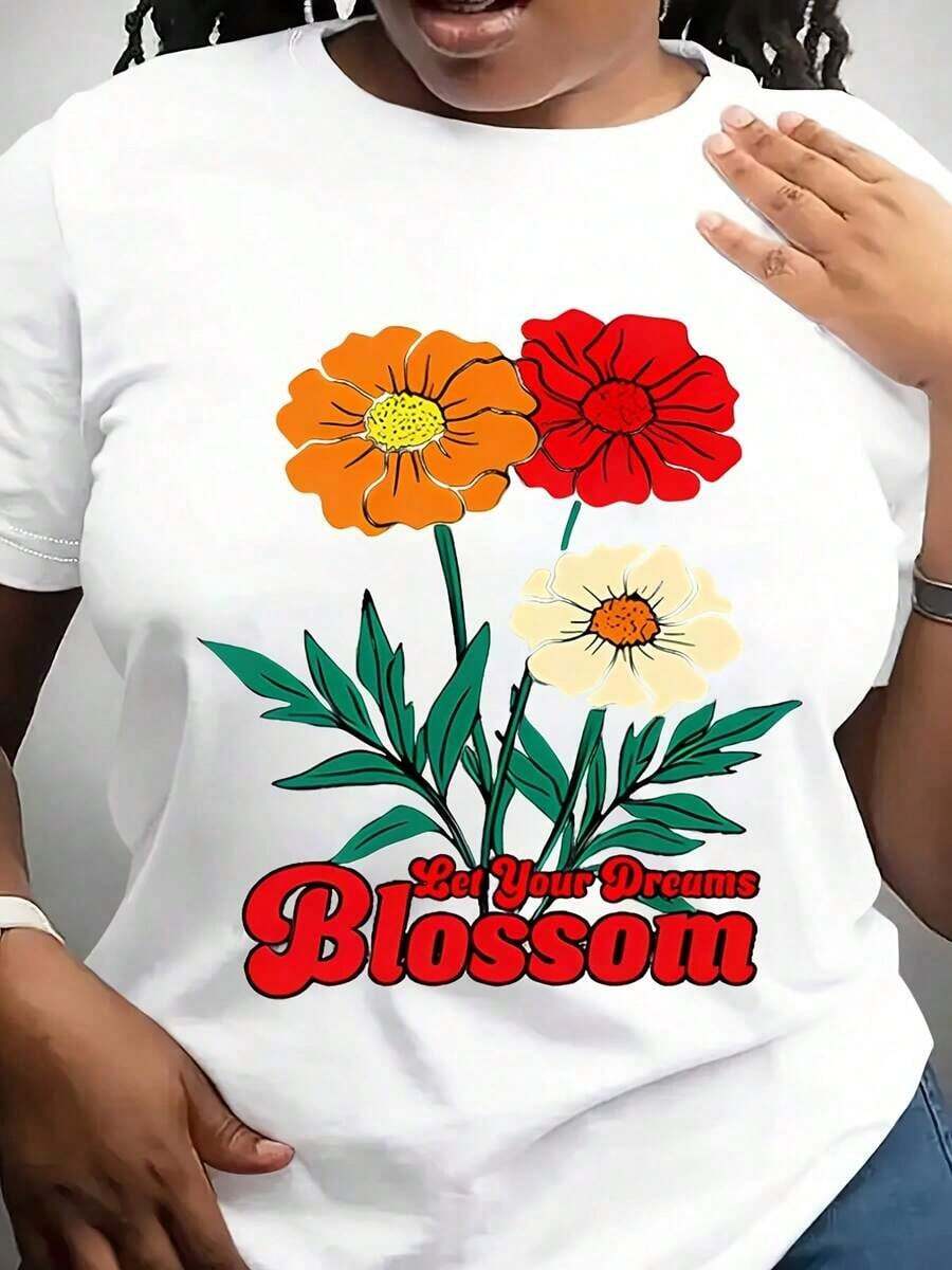 Camiseta de Mujer con Estampado Floral de Tulipanes y Margaritas - Cuello Redondo Suave, Comodidad para Todas las Temporadas, Patrón Floral Blanco Vibrante, Atuendo Casual, Blusa Lavable a Máquina para Mujer, Corte Relajado, Tela Opaca, Estampado Floral Elegante con Diseño "Bloom In The Bloom", Versátil para Combinar con Otras Prendas o como Atuendo Individual, Camisetas para Mujer, Top Corto, Camiseta de Manga Larga para Mujer, Camiseta Oversize, Camisetas Holgadas para Mujer. - Blanco - Ver 1