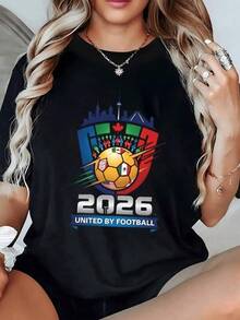 Balón dorado con banderas de México Estados Unidos y Canadá que simboliza unión fuerza pasión y diversidad cultural bajo el espíritu del fútbol moderno camiseta de mujer casual cómoda para fanáticas del mundial 2026 - Negro - Ver 1