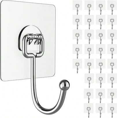 Large Adhesive Hooks For Hanging Heavy-Duty 44Ib(Max) 30 Packs, Wall Hangers Without Nails Self-Adhesive Traceless Clear And Removable, Waterproof And Rustproof Multiple Uses For Bathroom Kitchen Home