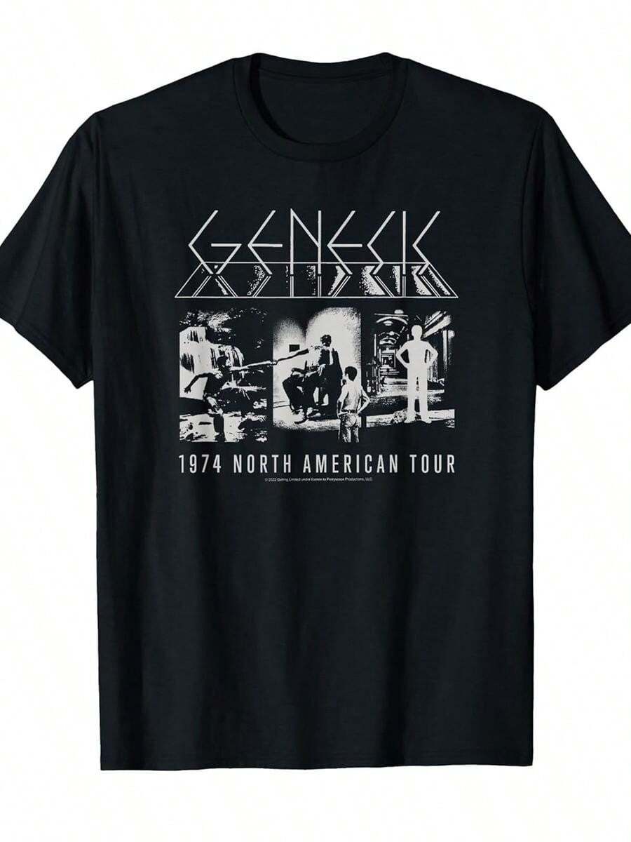 Camiseta Vintage de la Gira de la Banda Genesis de 1975 para Hombre - Hecha con 100% de Material Suave con Cuello Redondo y Mangas Cortas, con Gráficos Retro de Música, Disponible en Tallas S-XXXL, Re - Negro - Ver 1