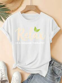 Spring/Summer 2026, New Women's Crew Neck T-Shirt With "Relax" And "Massage Therapist" Print, Vintage Distressed Style, Casual Sports Top, Soft Knit Fabric, High-Quality Women's Clothing. | Fun And Original Design | Fun And Rejuvenating Top - 白色 - 查看 6