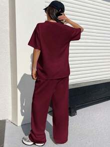 Conjunto informal de camiseta holgada y pantalones con textura mostaza para mujer - Rosa Roja - Ver 2