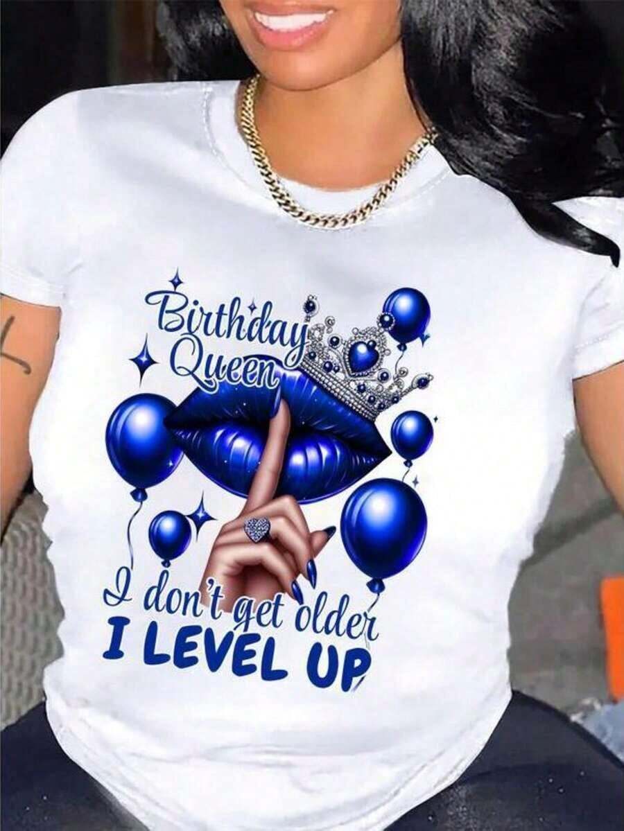 ClassicQueen Queen Birthday Print T-Shirt, 100% Cotton, Casual Crew Neck T-Shirt With Balloons And Lips Print, Regular Length, Knit Fabric, Suitable For All Seasons, All Season T-Shirt | Humorous Design | Women's Medium Elasticity Casual Blouses - 白色 - 查看 1