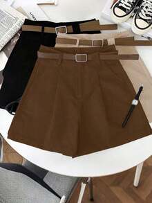 Pantalones cortos versátiles y casuales para mujer, pantalones cortos blancos de pierna ancha para ropa universitaria - Marrón - Ver 4