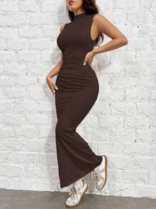 1 pieza Vestido de punto ajustado sin mangas color rojo rosa para mujer - Marrón Chocolate - Ver 4