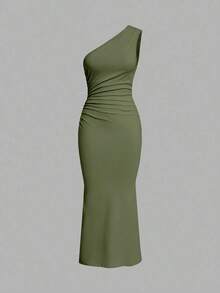 Vestido maxi de cola de pez con hombro asimétrico arrugado de unicolor sin mangas - Verde militar - Ver 1