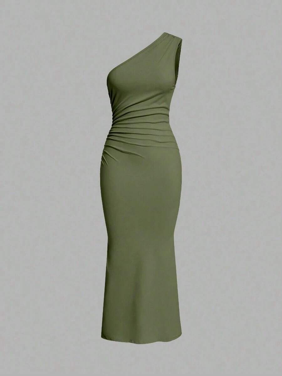 Vestido maxi de cola de pez con hombro asimétrico arrugado de unicolor sin mangas - Verde militar - Ver 1
