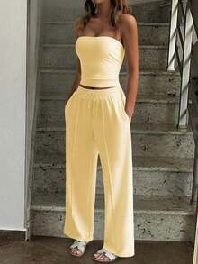 Conjunto de 2 piezas de ropa de otoño Vaiaye: Top corto ajustado y sexy sin tirantes, camiseta básica de unicolor elástica y ajustada, top tipo bandeau para yoga; Conjunto de pantalones para primavera/verano - Amarillo - Ver 6