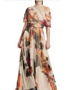 Elegant Women's Floral Print Asymmetrical Wrap A Line Midi Dress with Regular Sleeves - Albaricoque - Ver 2