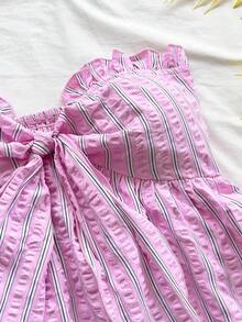 Set de 2 piezas para mujer con parte superior corta sin mangas con volantes y estampado de rayas y flores, y shorts casuales para verano, vacaciones en la playa y fiestas - Multicolor - Ver 7