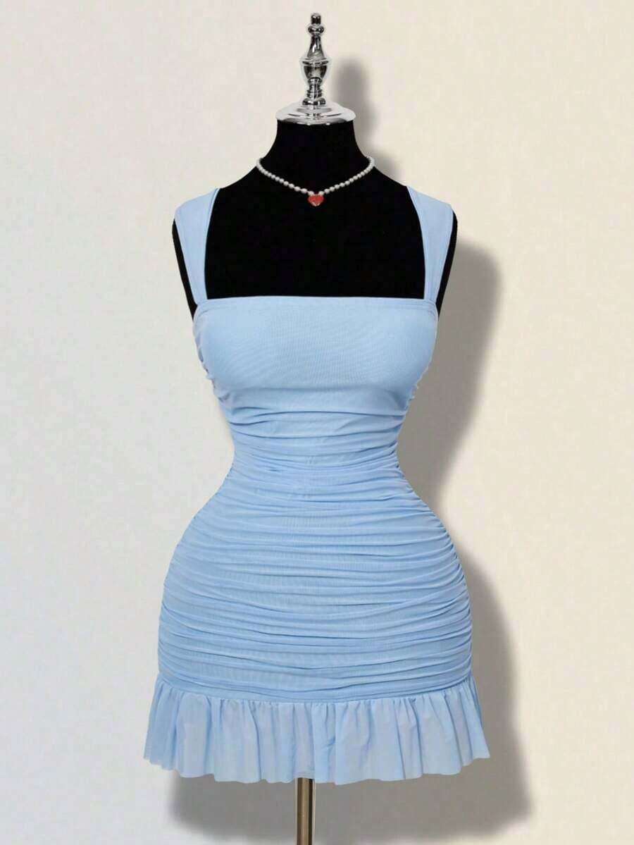 Vestido mini ajustado de mujer de unicolor elegante con malla y drapeado - Celeste - Ver 1