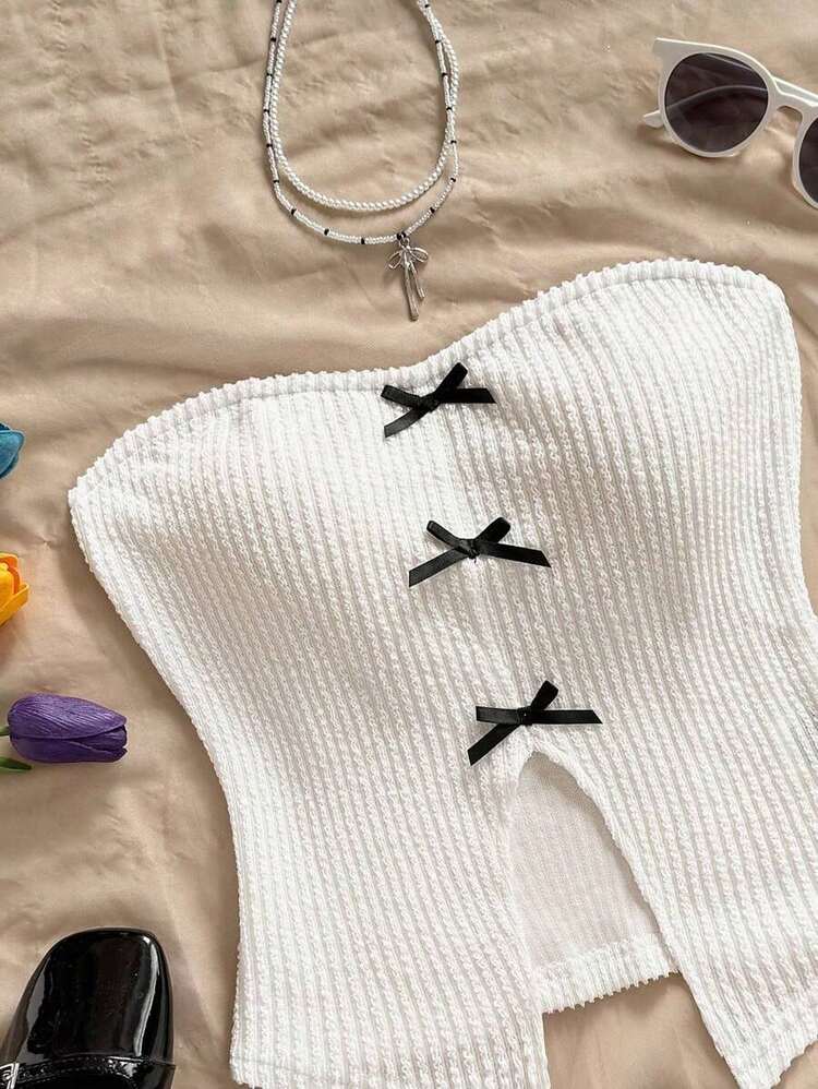 Top tubo de punto para vacaciones para mujeres, estilo casual y ajustado, decoración de lazo elegante en la parte delantera central, abertura frontal en el bajo, para fiesta o té de la tarde, para capas en otoño/invierno - Blanco - Añade 4