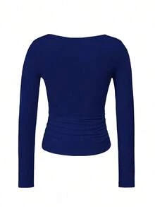 Camiseta ajustada de manga larga con cuello cuadrado para mujer, primavera/verano Y2K, unicolor, sexy, adecuada para el Día de San Valentín y uso casual - Azul marino - Ver 4