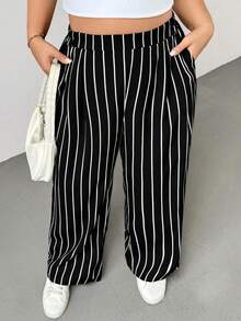 Pantalones anchos de pierna ancha a rayas blancas y negras con cintura elástica, cómodos y sueltos, de estilo básico diario, para mujeres de talla grande, estilo "Old Money", para mujeres, para la oficina, pantalones holgados, para el verano, - Blanco y Negro - Ver 5