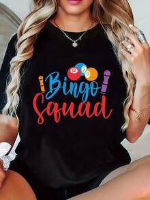 Camiseta Casual de Manga Corta y Cuello Redondo con Estampados Divertidos, Perfecta para Mujeres en Primavera y Verano - Negro - Ver 1