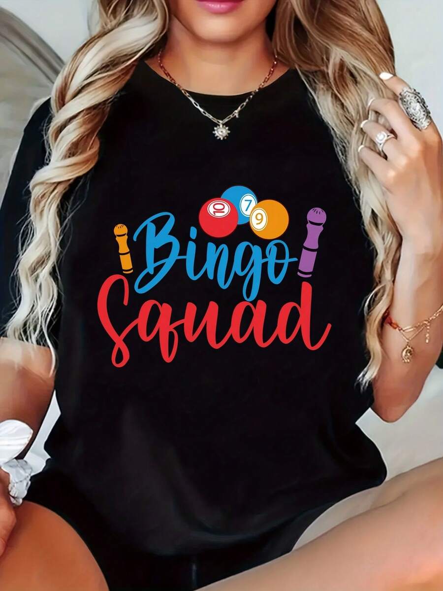 Camiseta Casual de Manga Corta y Cuello Redondo con Estampados Divertidos, Perfecta para Mujeres en Primavera y Verano - Negro - Ver 1