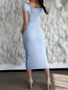 Vestido de verano ajustado con hombros abiertos para mujer - Azul - Ver 2