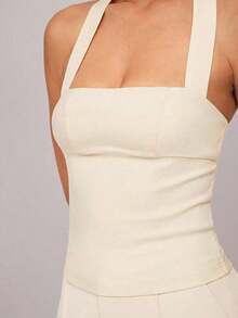 1 Top corto de unicolor con volantes para mujer, camiseta sin mangas ajustada de cuello halter de moda para oficina y transporte, color amarillo mantequilla - Albaricoque - Ver 4