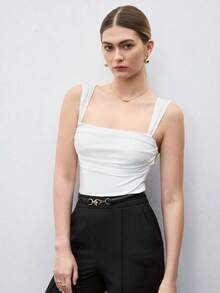 Nueva llegada Primavera/Verano Blusa de tirantes finos con cuello cuadrado y cintura ceñida para mujer, diseño elegante y único, adecuado para oficina, viajes, ocasiones formales, fiestas, bodas, conciertos, uso casual - Blanco - Ver 6