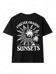 Single Garment, Not A 3-Piece Set. 1 Piece/Set Of Short-Sleeved T-Shirts Suitable For Streetwear. Oversized Crew Neck Top For Daily Outings, Camping, Concerts, Hip-Hop, Rock, And Rap Events. New Casual And Versatile Summer T-Shirts With A Minimalist Print Of Palm Trees, Sunsets, And California Beaches. Crew Neck And Short Sleeves For Women. - 黑色 - 查看 2