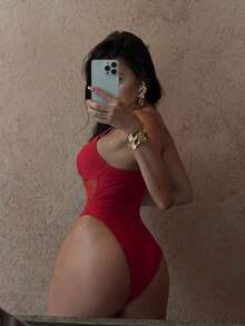 Traje de baño de una pieza con cordones, unicolor, con entramado y diseño sexy y hueco, para verano, playa y estilo boho - Rojo - Ver 2