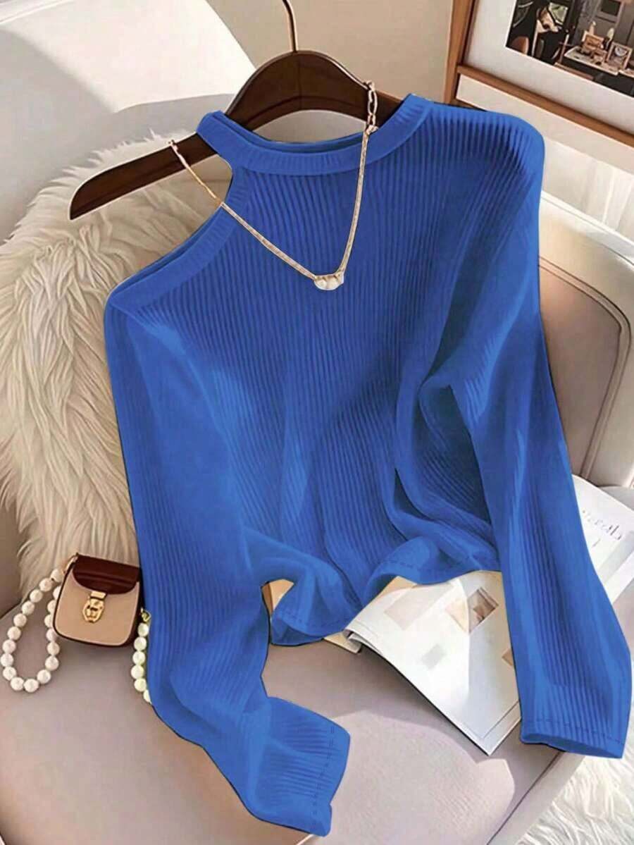 Camiseta de manga larga con hombro asimétrico y bloque de color para mujer, top de punto acanalado, primavera/otoño - Azul - Ver 1