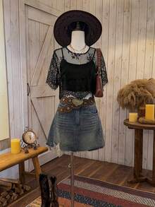 Blusa suelta de manga corta con encaje elegante para mujer, adecuada para la temporada de bodas, citas, primavera y verano, color: Blusa de verano casual de primavera y verano para mujer Blusa blanca Blusa bohemia Blusa de ojal Blusas de verano par - Negro 2 - Ver 5