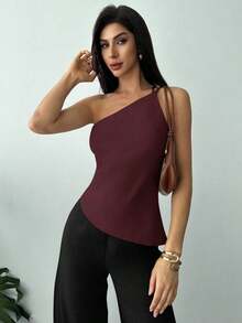 Nueva llegada Primavera/Verano Elegante Top casual de lino color albaricoque con cintura fruncida, bajo asimétrico y espalda descubierta - Burdeos - Ver 4