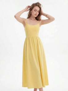 Vestido de fiesta elegante de verano con cuello en U, drapeado y bajo acampanado de unicolor - Amarillo - Ver 3