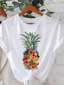 Vibrant Tropical Pineapple Floral Print, Plus Size Women's Casual Fashion T-Shirt With Round Neck For Spring-Summer. Elegant Party Outfit, Stylish Ladies' T-Shirt, Blouses Suitable For Curvy Women, Prom Skirts, Casual Wear. Adorable Animal Print, Fun Letter Print, Easy To Match With Streetwear. - 白色 - 查看 7