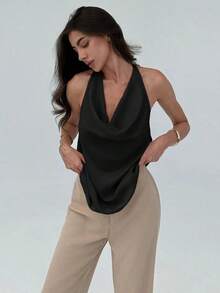 Top sin mangas ajustado para mujer con cuello en pico minimalista y elegante para el uso diario - Negro - Ver 8